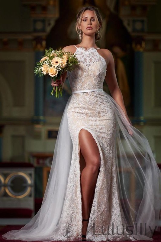 ClassicHalter Lace Mermaid Wedding Dress With Slit Ruffles - lulusllly