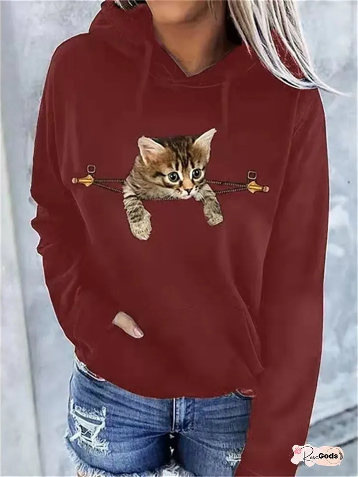 Spring and Autumn Half-zip Rabbit Black Large Pockets Cotton Printed Casual Long-sleeved