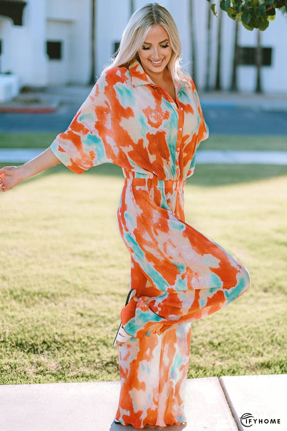 Tie-Dye Collared Wide Leg Jumpsuit | IFYHOME