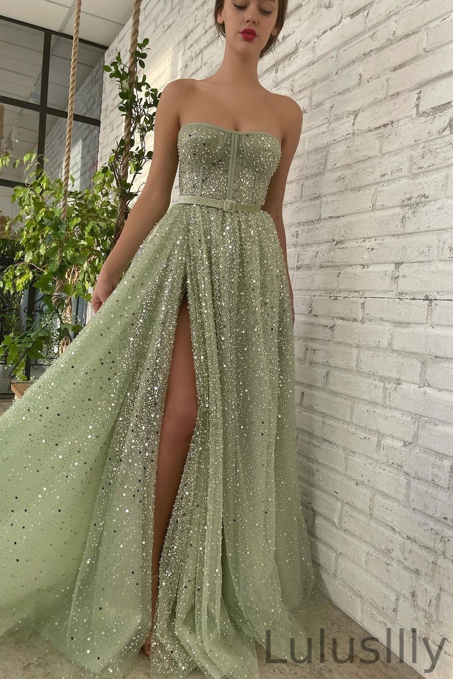 Glamorous Sage Green Strapless Prom Dresses Long Split With Sequins Beads - lulusllly