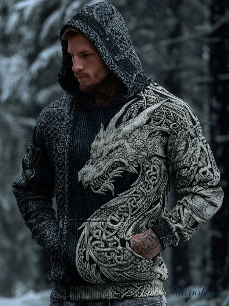 Vintage Viking Dragon Totem Men's Chunky Knit Hooded Sweater