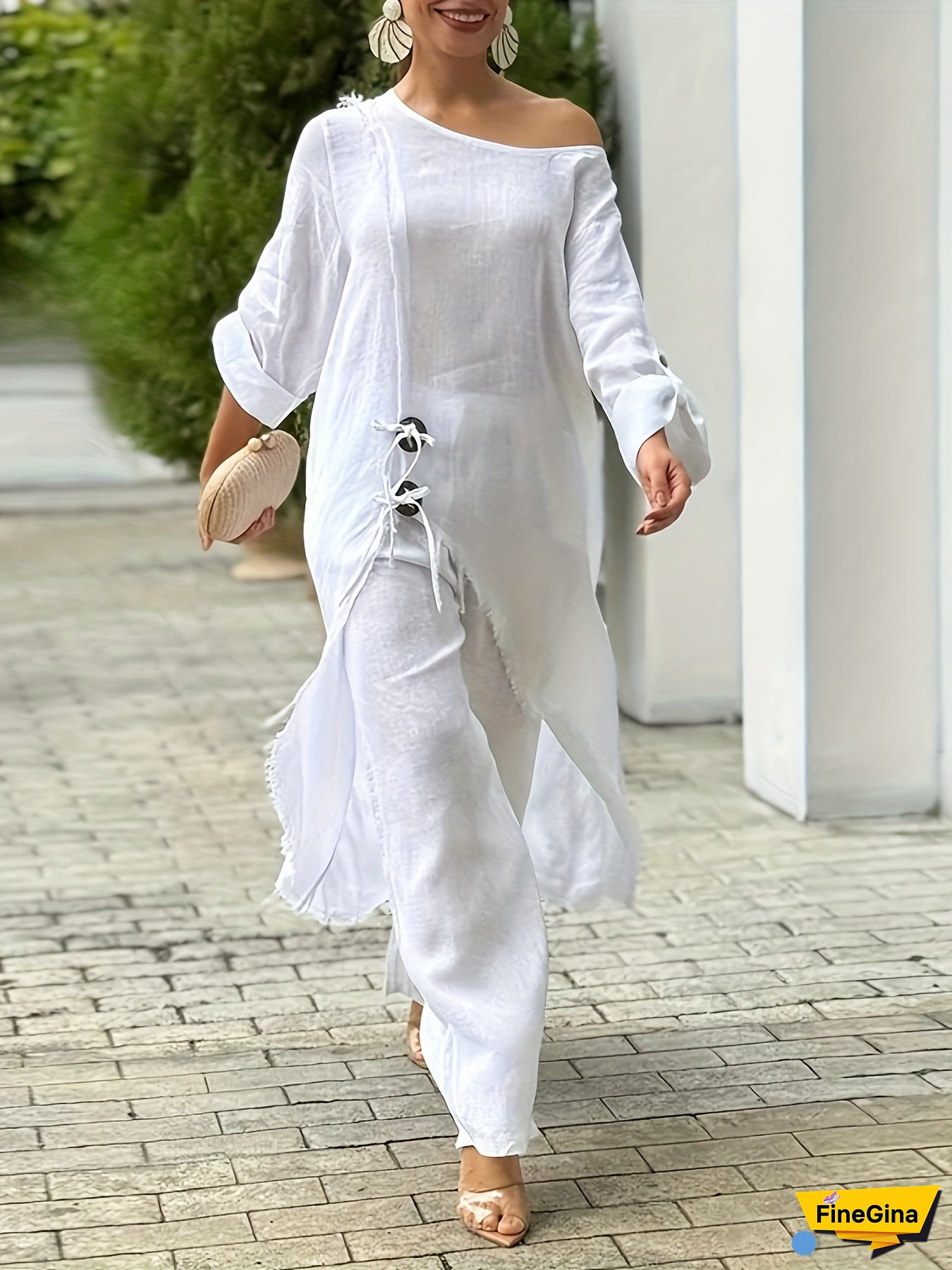 Bohemian Style Vintage Hong Kong Long Sleeve Shirt + Wide Leg Pants Set With Drawstring Waist, Oversized Fit