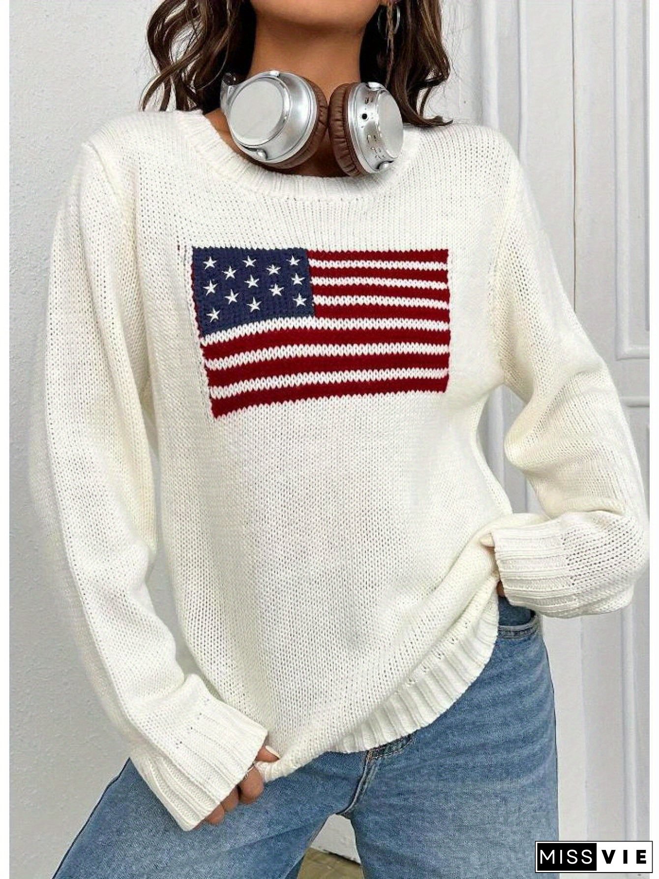 Women's Spring Autumn Knit Sweater Long Sleeve Crewneck Flag Print Loose Fitting Knitwear