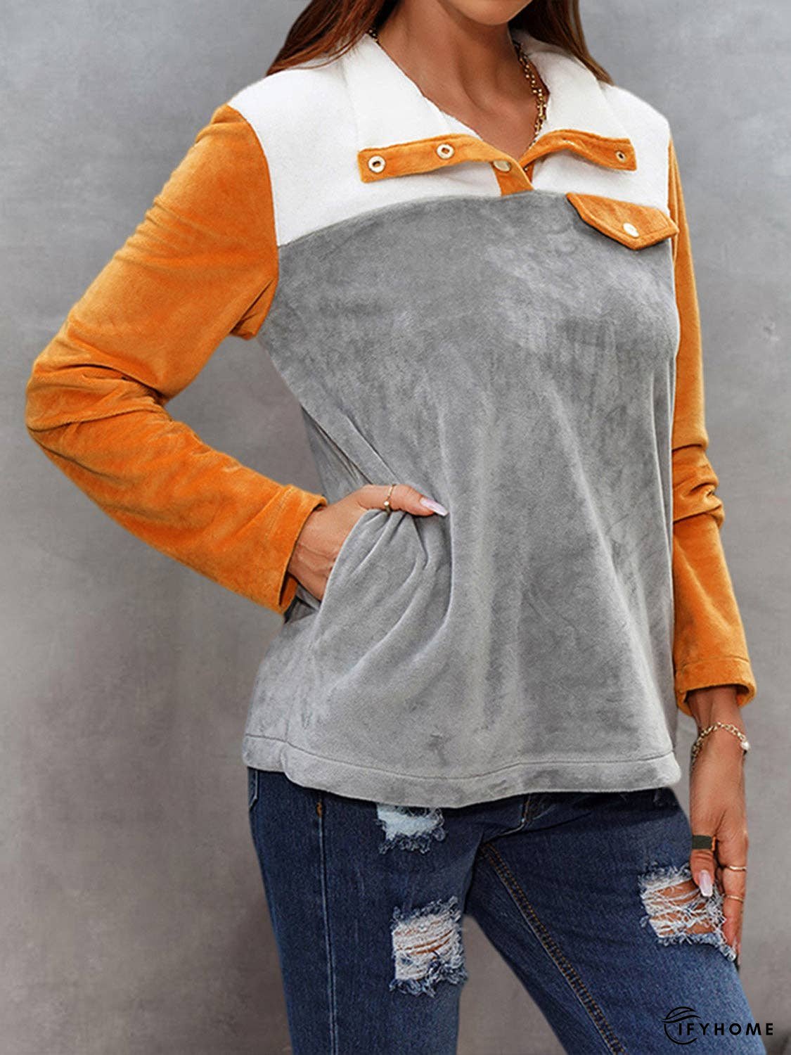 Color Block Collared Sweatshirt with Pockets | IFYHOME
