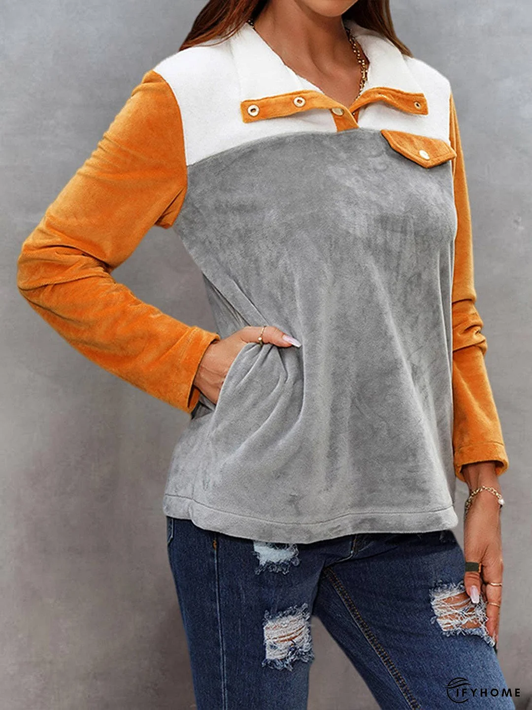 Color Block Collared Sweatshirt with Pockets | IFYHOME