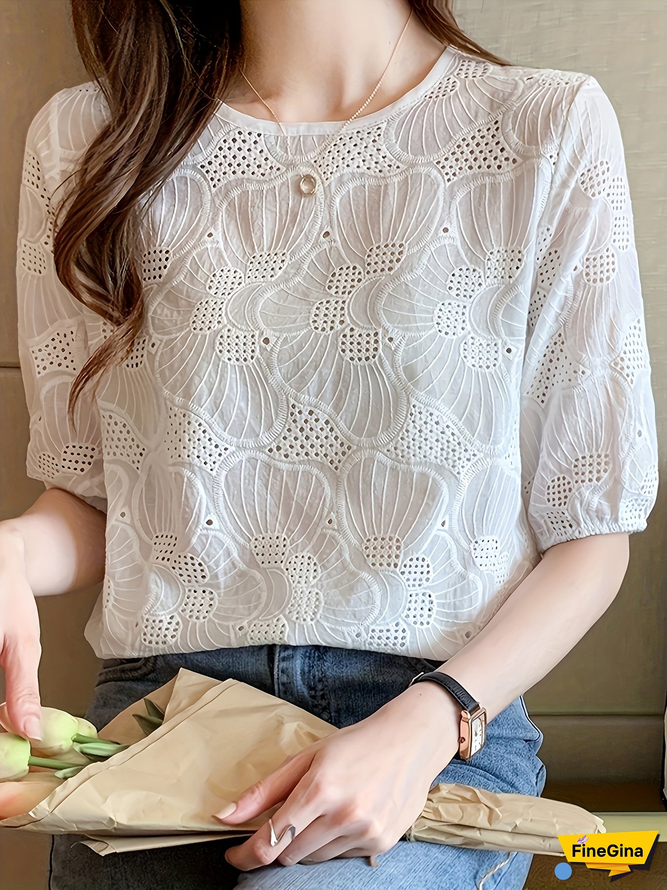 Women's Chic White Crochet Blouse With Floral Pattern - Short Sleeve, Round Neck, Button-Up Top For Casual Or Stylish Outfits, Casual Wear|Floral Detail|Crochet Texture