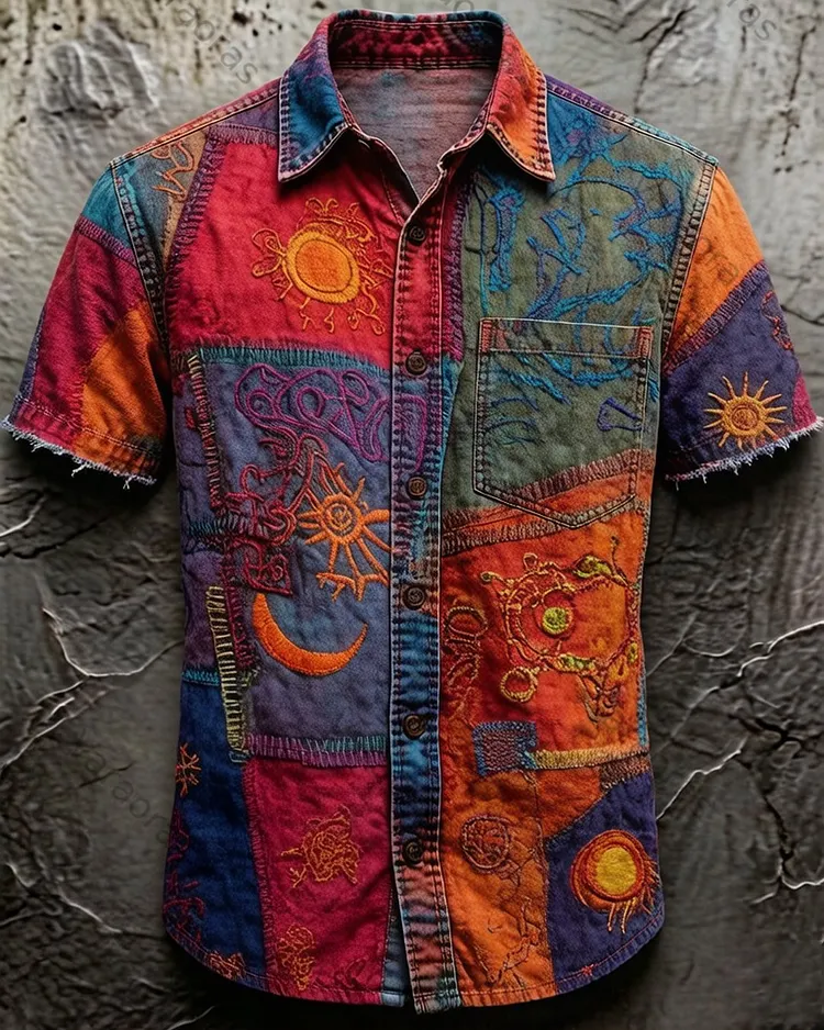 Men's Summer Outdoor Fashion Star Embroidery Color Block Polo Shirt  1039