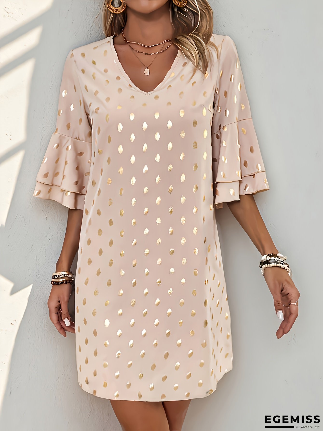 Women&lsquo;s French Elegant V-Neck Dress - Beige & Golden Floral-like pattern, Flared Bell Sleeves, Formal & Casual Outfits - All-Season Chic Party Wedding Everyday Dress, Versatile Fashion, Sophisticated Style, Quality Stitching, Fashion Lovers | EGEMISS