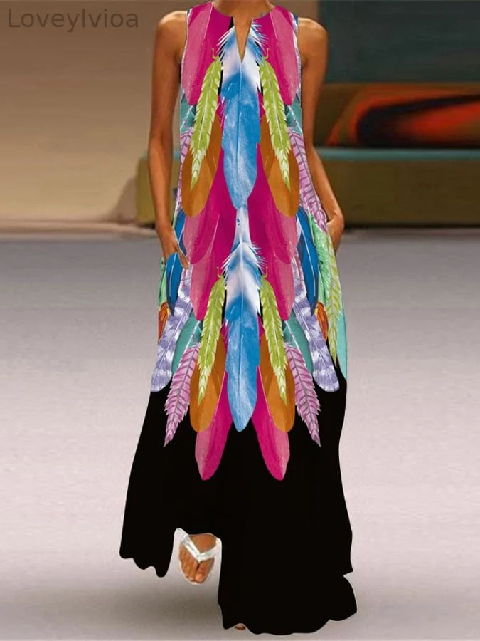 Women's Colorful Feather Print Dress