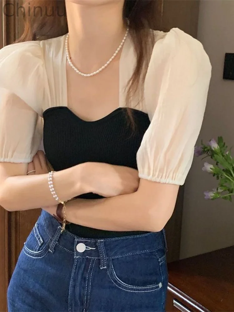 Puff sleeve patchwork Short Sleeves