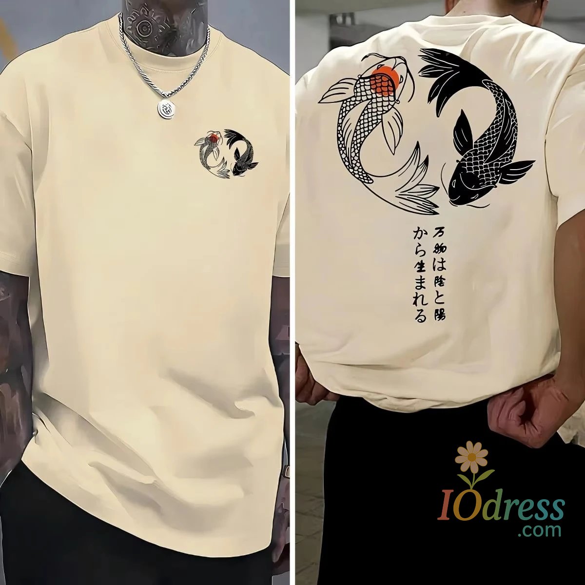 IO Menswear Koi Harajuku Pattern Japan Men Women T-shirt Summer Casual Cotton Y2K Street Retro Daily Simple Loose Fitness Run Short Sleeve