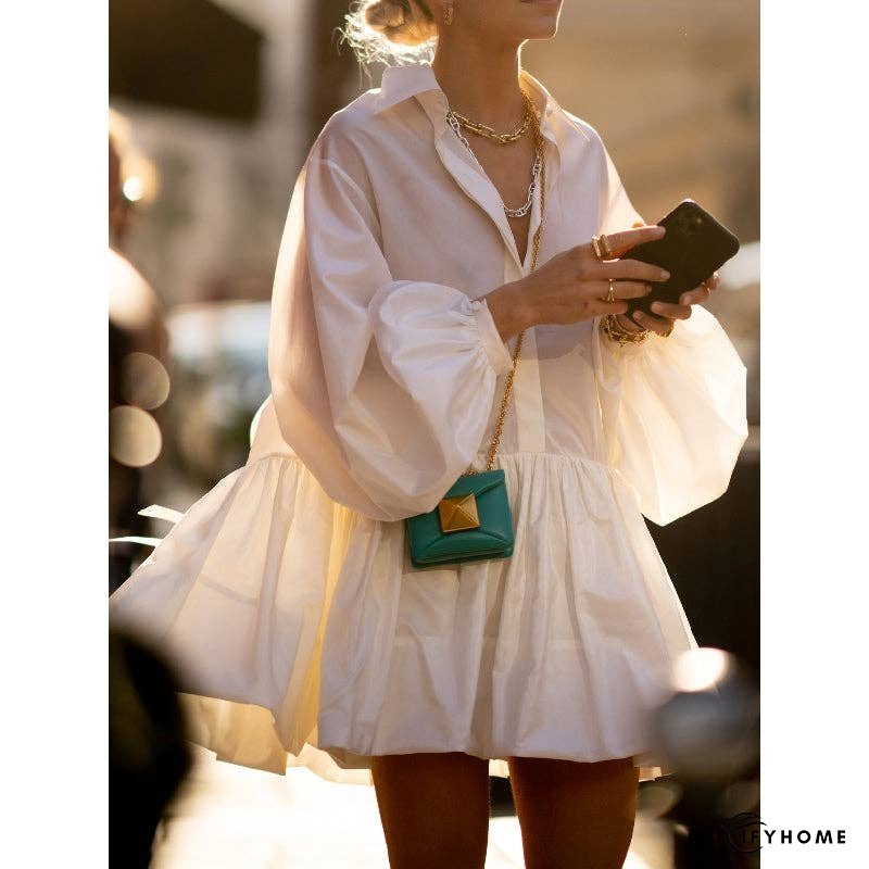Urban Puff Sleeves Buttoned Split-Joint Solid Color Lapel Mini Dresses Shirt Dress | IFYHOME