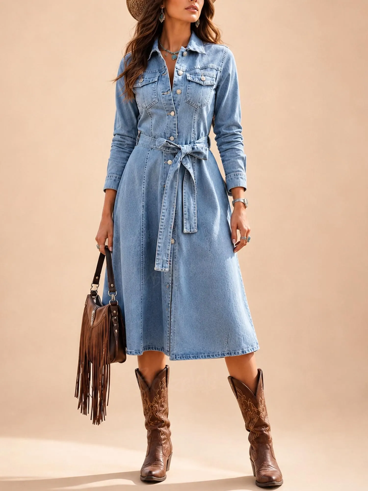 Perfect for a Ranch Holiday &mdash; Light Blue Tie-Waist Button-Down Cotton Denim Dress