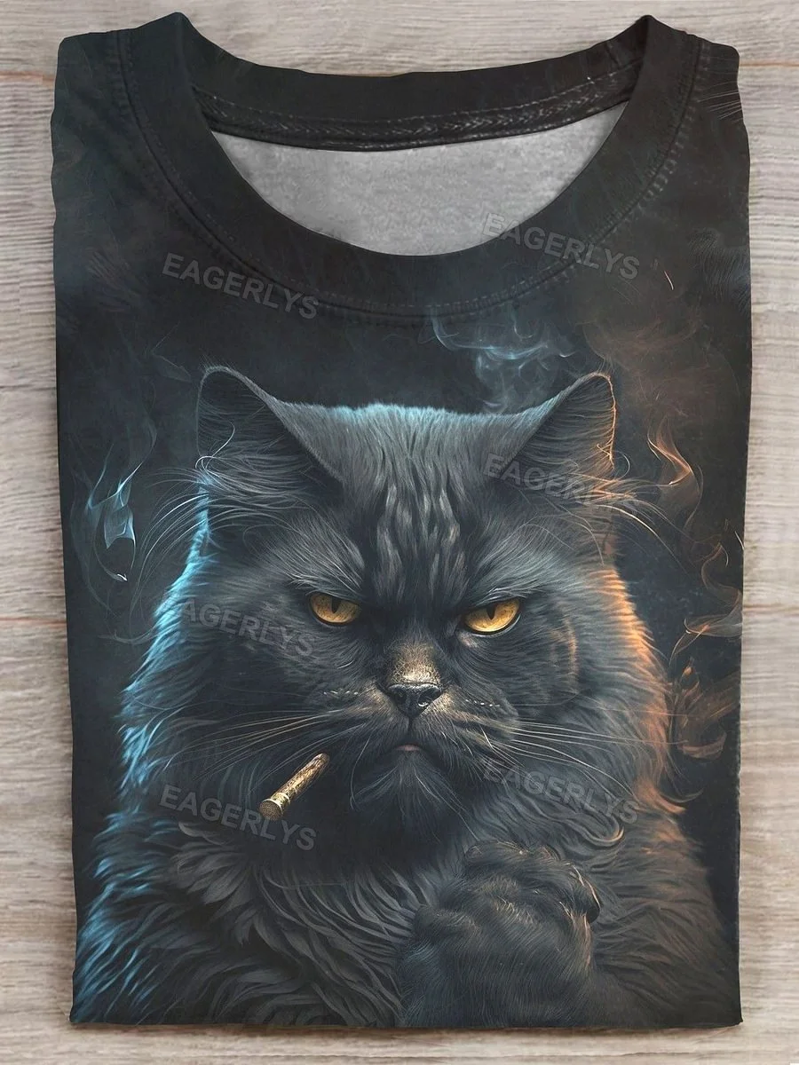 Eagerlys Smoking Black Cat Art Print T-shirt Eagerlys