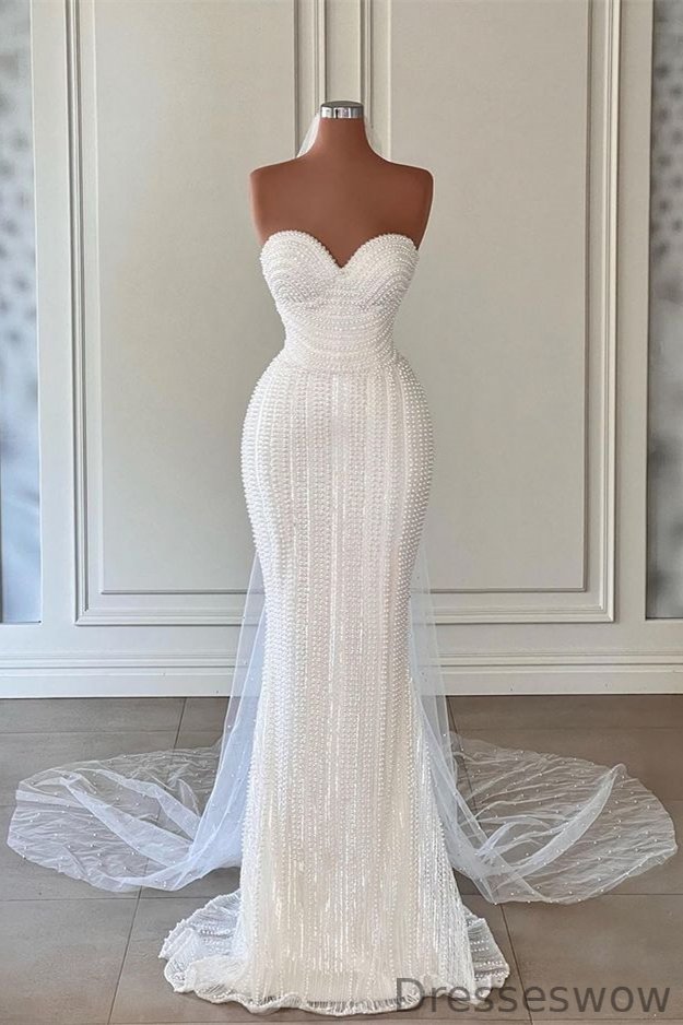 Dresseswow White Sweetheart Wedding Dress Mermaid Long With Pearls
