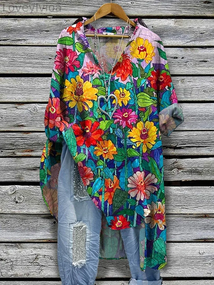 Women's Artistic Flowers Print Casual Cotton And Linen Shirtdress