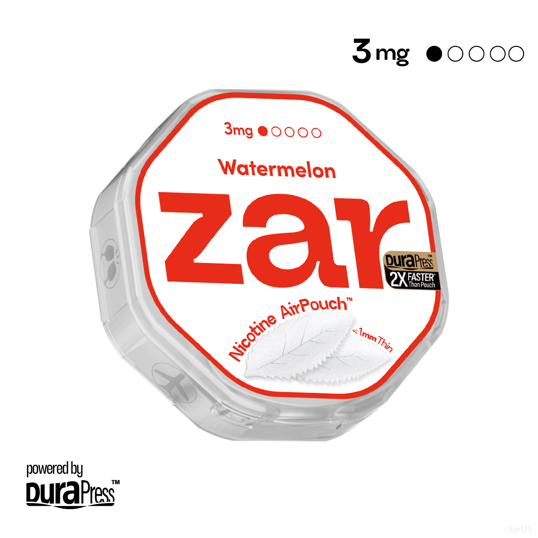 US Buy zar Oral Nicotine AirPouch Watermelon Flavor Fruit Flavour 3mg nicotine levels 20 pcs per can Price USD 4.9 multi-buy up to 30% discount off whole range of options zar pouches nicotine strip snus nicotine pouch dosh pouch