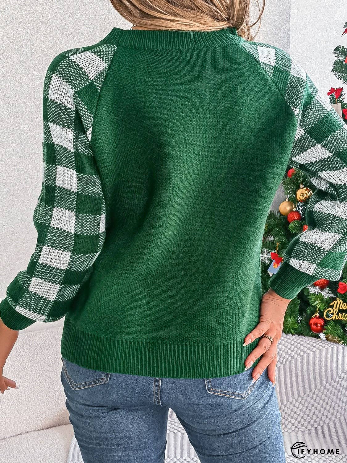 Reindeer Plaid Round Neck Long Sleeve Sweater | IFYHOME
