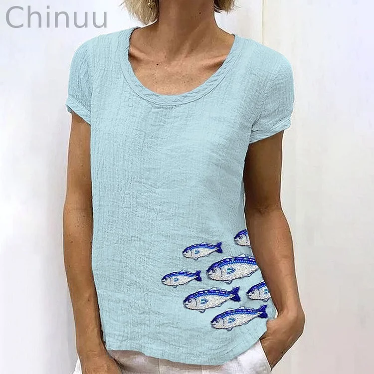 Ocean School Of Fish Embroidery Art Cotton And Linen T-Shirt