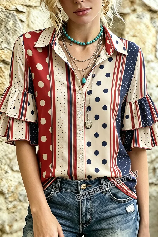 Mixed Polka Dot Print Collared Ruffle Sleeve Top