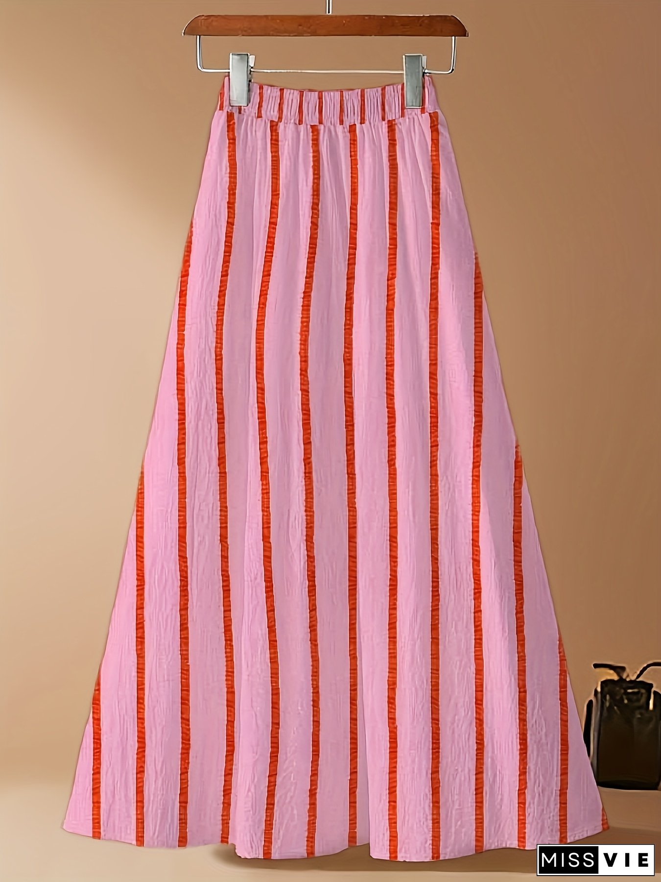 Womens Elegant Flared Maxi Skirt Pink Orange Horizontal Stripes Lightweight Machine