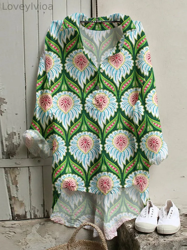 Women's Retro Flower Art  Print Casual  Shirt