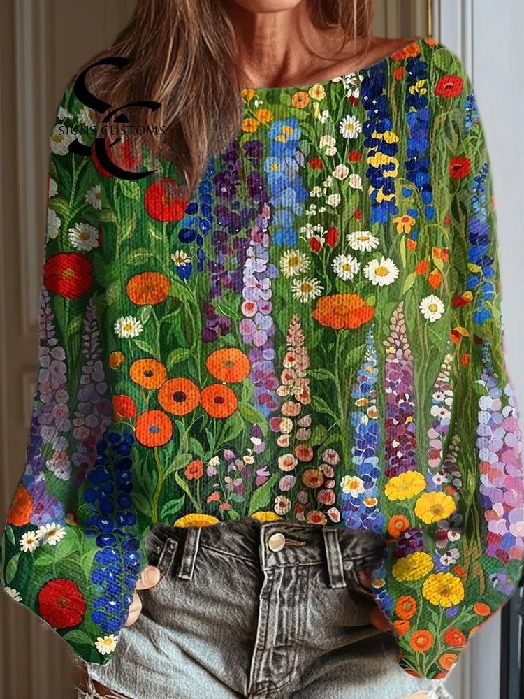 Women's Vintage Flower Art Print Casual Pullover Sweater