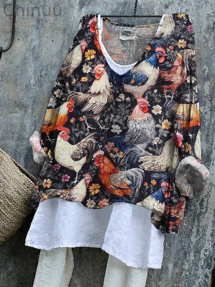 Farm Animal Chicken Pattern Casual Linen Loose Top
