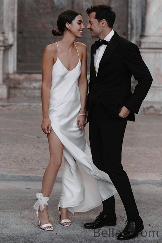 Bellasprom Spaghetti-Straps V-Neck Sheath Wedding Dress Sleeveless With Slit Bellasprom