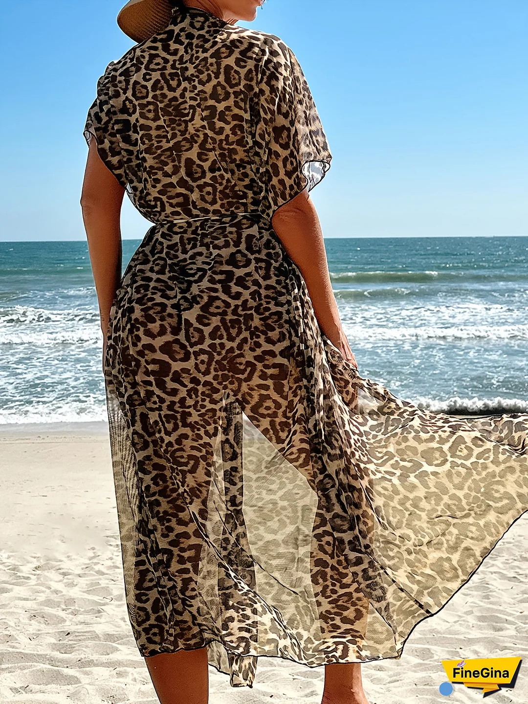 Women's Casual Leopard Print Batwing Sleeve Top - Stretchy, Loose Fit, Summer Beachwear With Adjustable Tie Waist, Lightweight & Breathable For Casual Attire, Beach Clothes