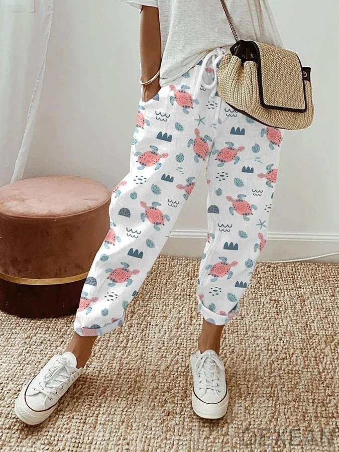 Women's Turtle Pattern Design Lace-Up Loose With Elastic Waist Casual Pants