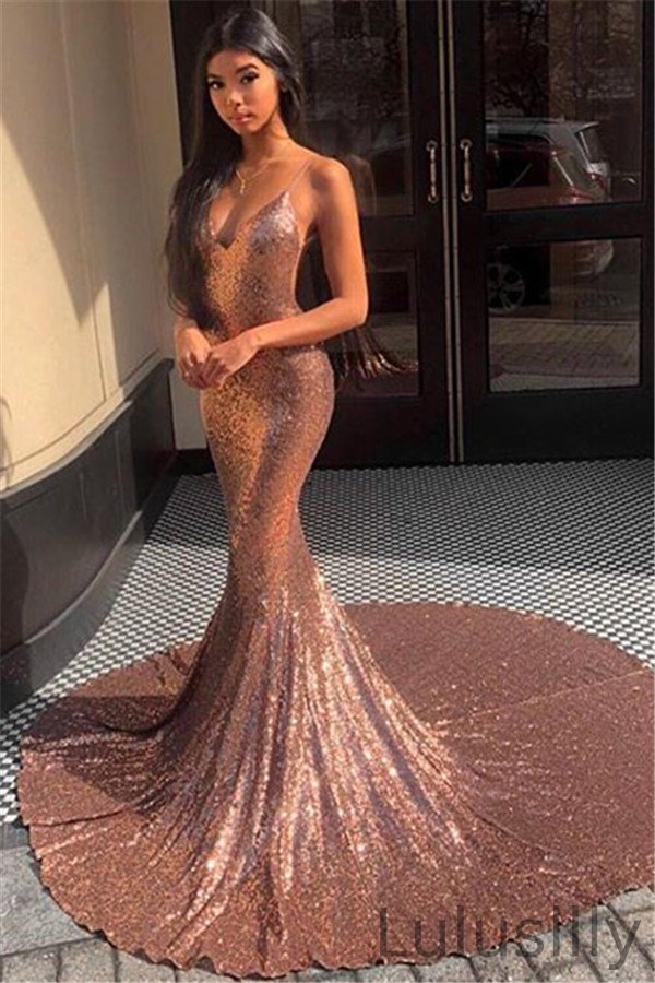 Charming Spaghetti-Straps Shinning Sequined Prom Dress Mermaid Sleeveless - lulusllly