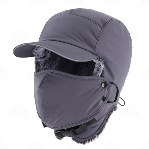 Home Prefer Waterproof Mens Faux Fur Trooper Trapper Hat Hunting Warm Winter Hat with Ear Flaps Visor Face Mask