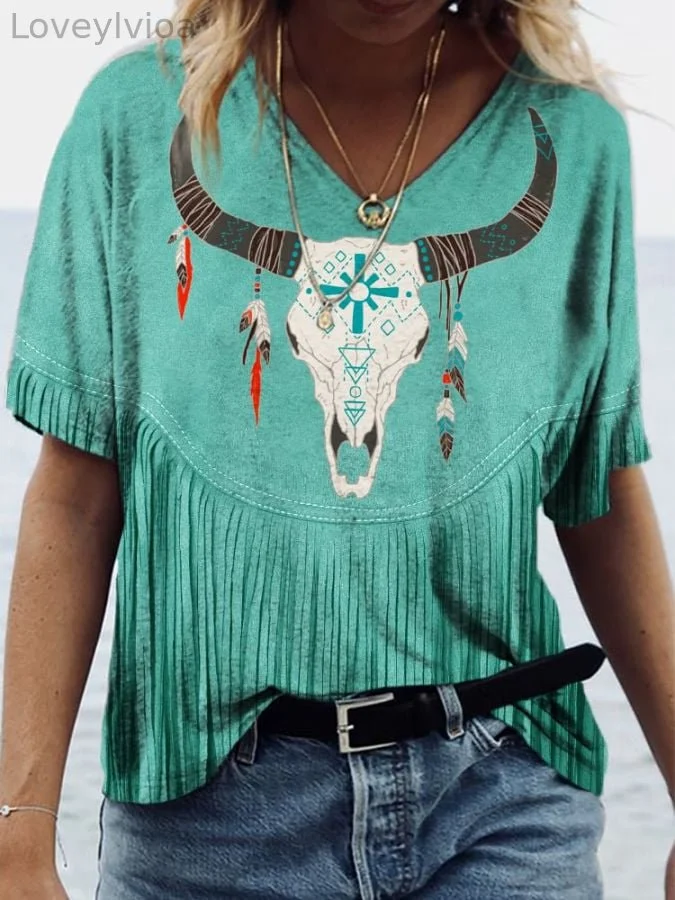 Ladies Western Style Print Loose Short Sleeve T-Shirt