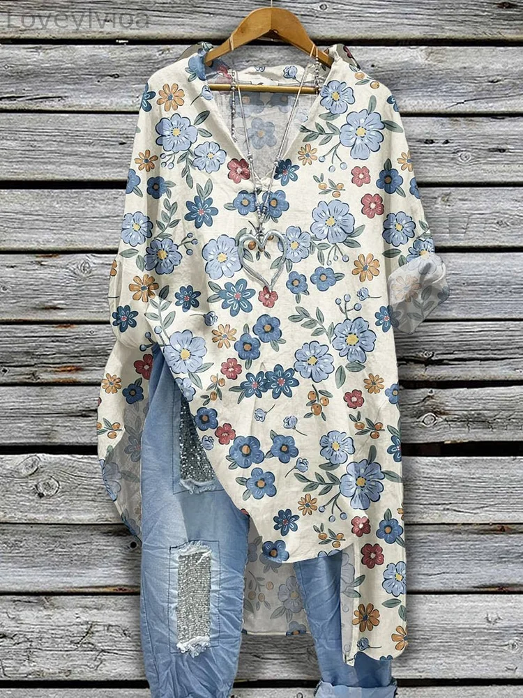 Women's Vintage Flower Pattern Print Casual Cotton And Linen Shirtdress