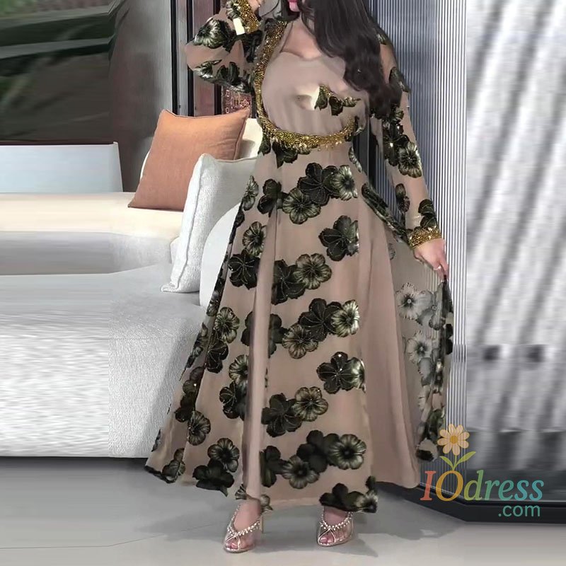 IO Dress Fashion Pattern Print Waist Robe Party Dress Women Elegant U-neck Long Sleeve Pleated A-Line Dress Vintage Splicing Chiffon Gown IO Dress