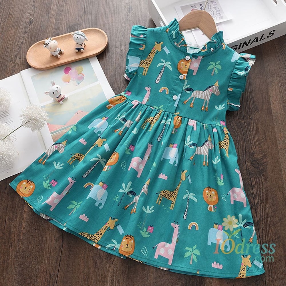 IO Dress Bear Leader Cartoon Print Baby Girls Princess Dress New Fashion Summer Floral Toddler Kid Party Clothes Children Vestido