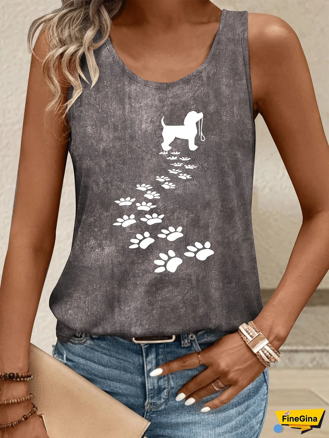 Women‘s Casual Animal Print Sleeveless Tank Top - "I Love Dogs" Design with Paw Prints, High-Quality Tie-Dye, Round Neck, Summer Top|Playful Dog Design|Casual Style
