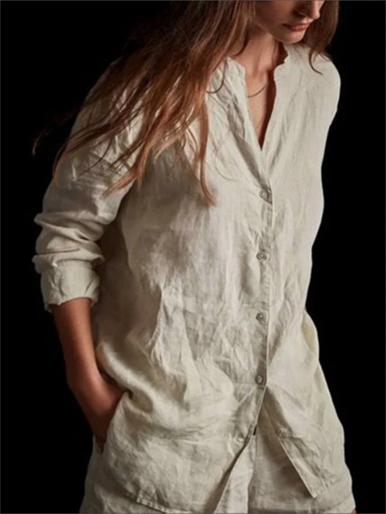Vintage Notch Neck Linen Blend Blouse