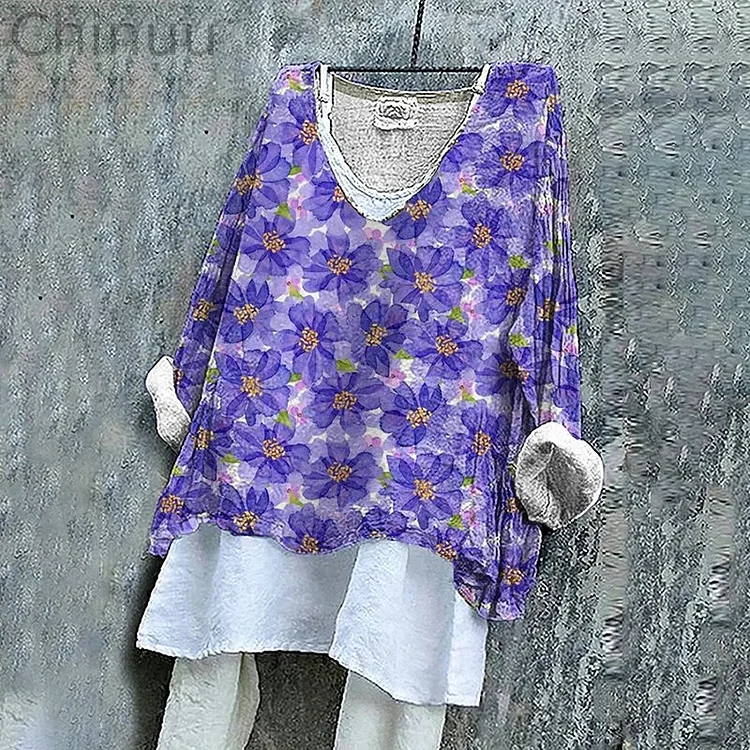 Women's Purple Floral Print Casual Loose Tunic