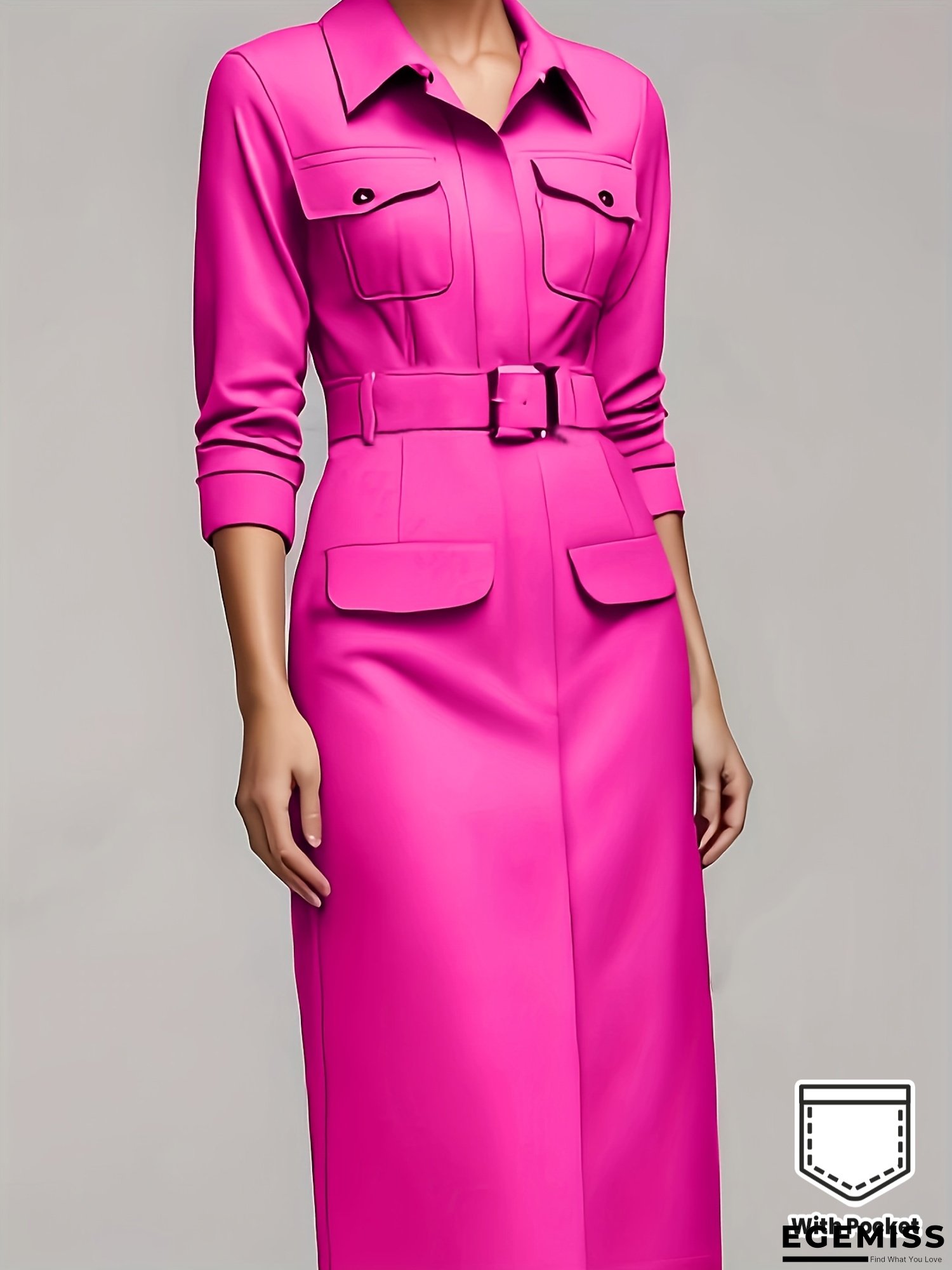 2025 New Women's Elegant A-Line Dress With Belted Waist - Vibrant Pink Long Sleeve Shirt Collar & Pockets, Structured Fit For Spring/Fall, Office To Casual Wear, Solid Color Versatile Wardrobe Staple, Dress Blouses Elegant, Fall Outfit, Formal Attire | EGEMISS