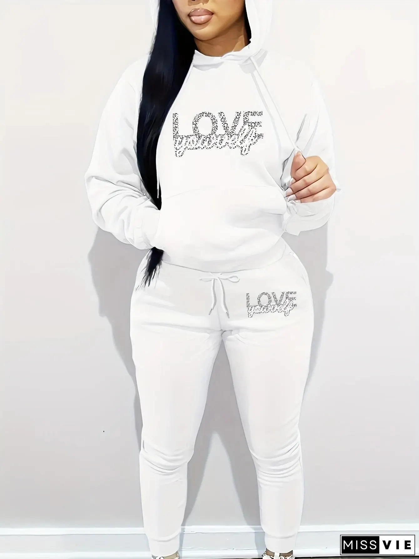 Womens Polyester Two-Piece Track Suit Hooded Long Sleeve Alphabet Print Hoodie and Pant