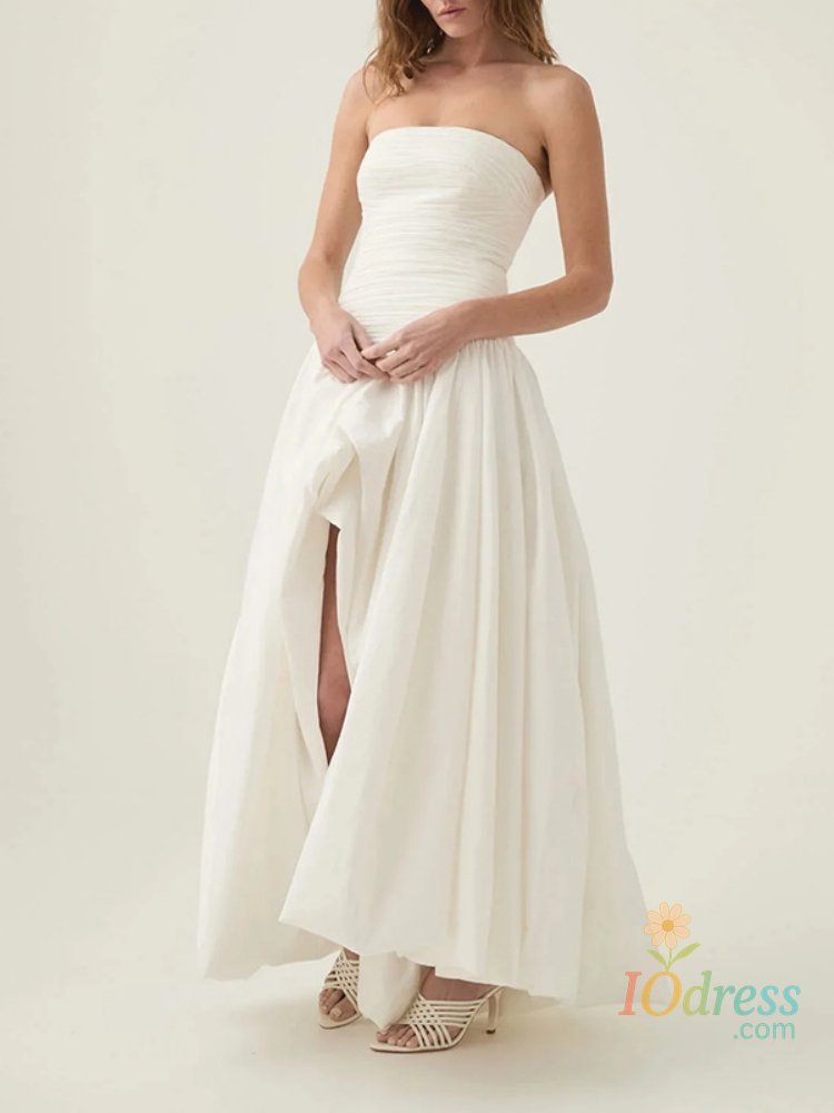 IO Dress Sexy Strapless Printed Split Deign Long Bubble Dress Women Sleeveless Backless High Waist Patchwork Folds Dresses Evening Party