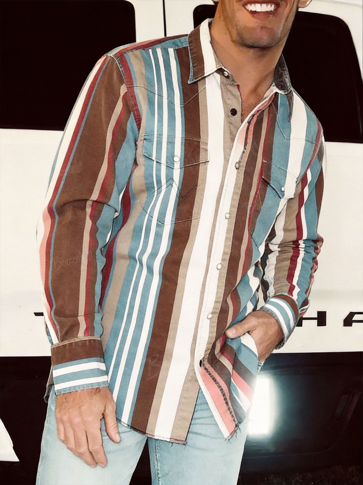 Men'S Western-Style Casual Blue And Brown Striped Shirt&ndash; 100% Cotton Shirt