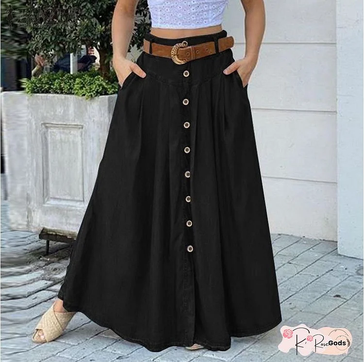 [Elegant Skirt] Elegant High Waist A-line Skirt | Women's Solid Color Mid-Long Skirt with Pockets and Button Front Slit, Fashionable and Practical for Spring, Summer, Autumn and Winter