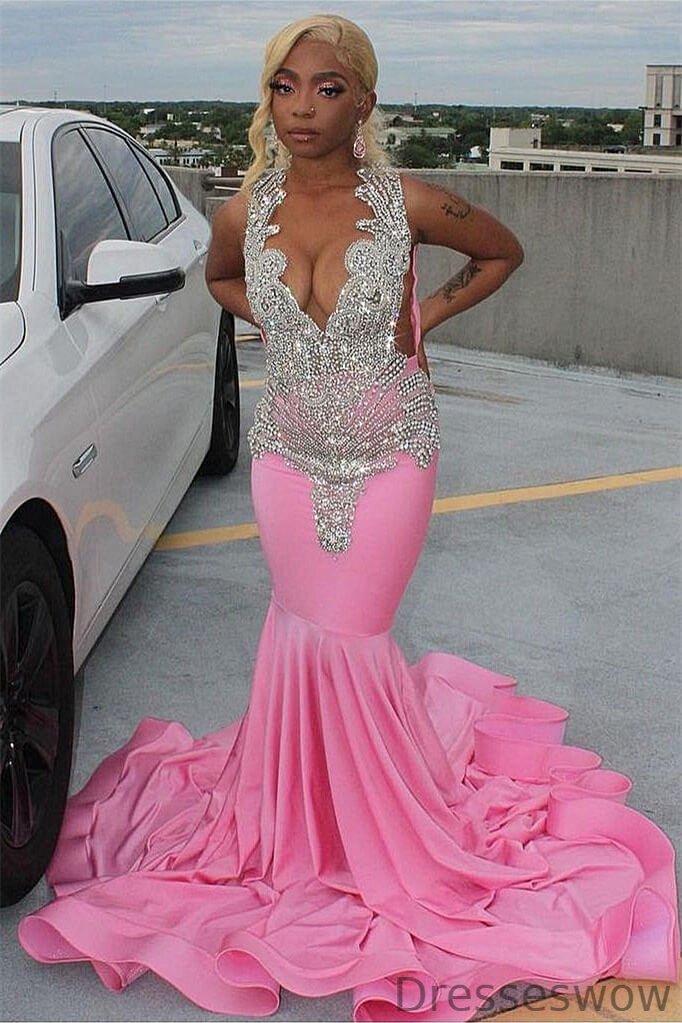 Dresseswow Pink Sleeveless V-Neck Mermaid Evening Gowns With Beadings Online