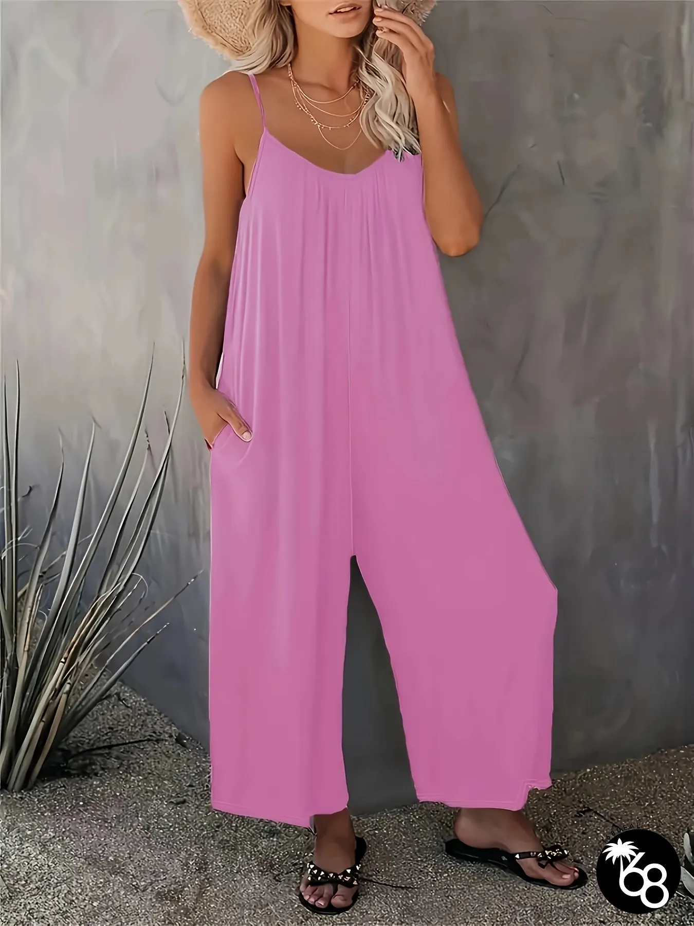 Womens sleeveless v-neck jumpsuit with pockets lightweight polyester beach cover-up casual | 168DEAL