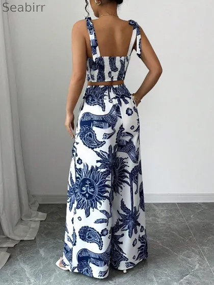 Printed V-neck top + loose wide-leg pants set