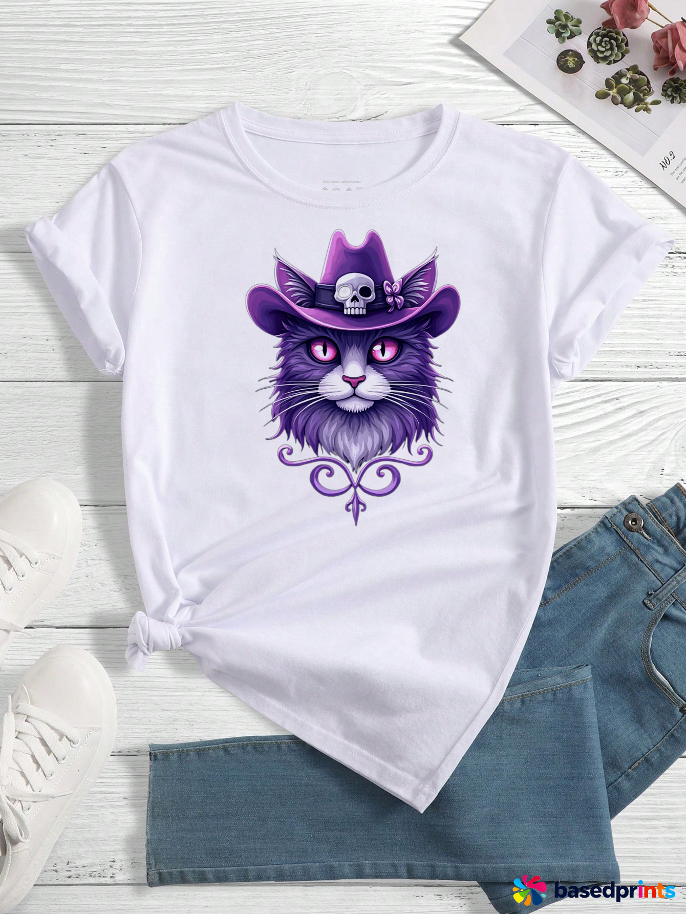 Purple Cat Graphic Tee Shirt Women Casual Short Sleeve Summer Tops