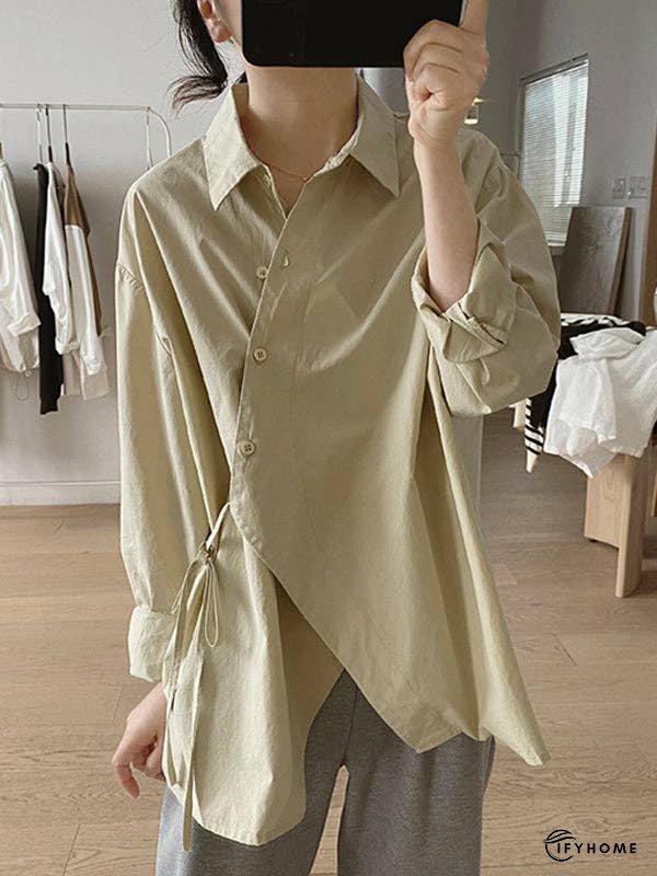 Loose Long Sleeves Frenum Solid Color Lapel Blouses | IFYHOME